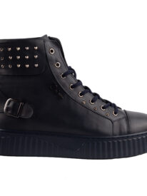 Navy Blue Leather Studded High Top Sneakers for Men Streetwear Inspired Designer Footwear.(E17536)