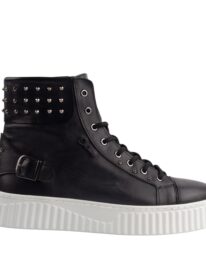 Black Leather High Top Sneakers with White Sole and Studded Detailing.(E17536)