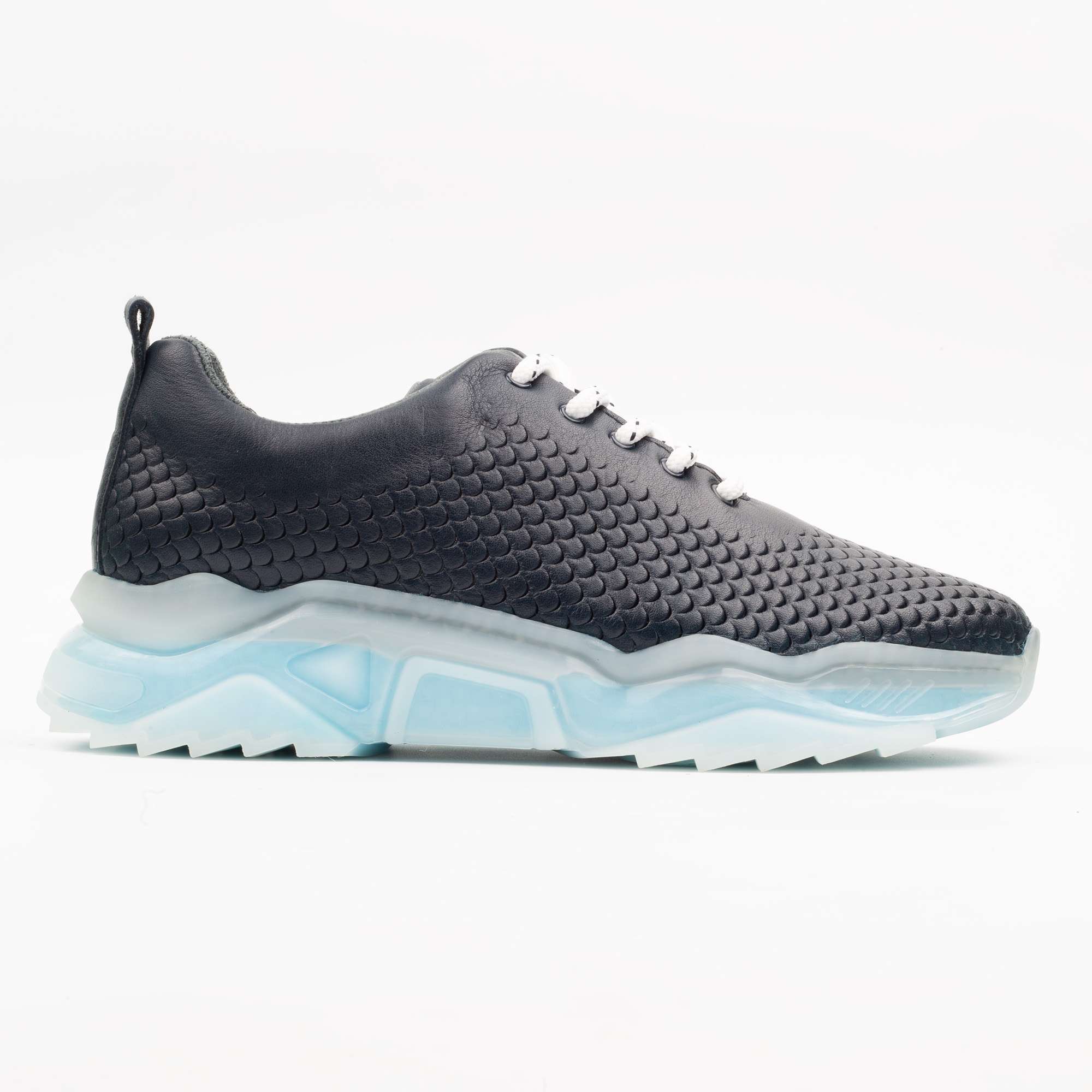 Black Textured Sneakers with Ice Blue Soles – Bold Style Meets Ultimate Comfort (M15415)