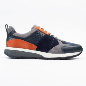 Calvano Apex Men's leather sneakers in navy, burnt orange, and grey suede, showcasing premium craftsmanship and urban style.