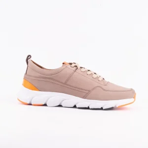 A side view of Calvano beige leather sneakers with orange accents and a white chunky sole