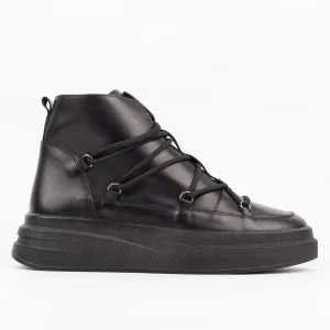 Side view of Calvano Black Leather High-Tops featuring unique wrap-around lacing and a thick sole.