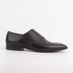Side view of a Calvano black textured onyx oxford leather formal shoe with textured mid-panel for men.