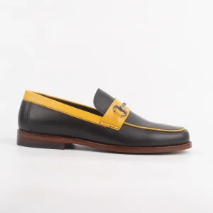 A premium Black & Yellow Leather Loafer with yellow accents and a metal bit detail by Calvano