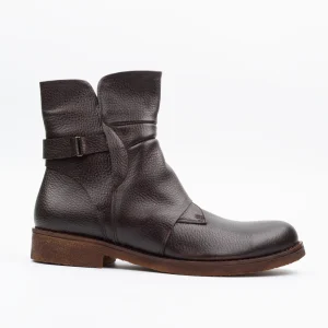 Calvano Brown Leather Ankle Boots in espresso brown with a side buckle strap and textured finish