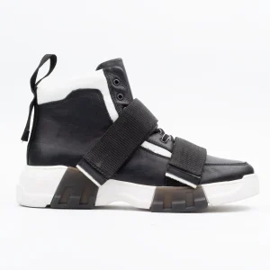 Calvano leather boots in black and white with dual straps and chunky white soles