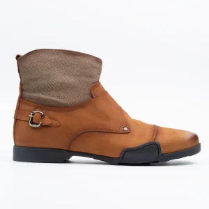 Side view of Calvano light brown leather ankle boot with canvas cuff and buckle strap