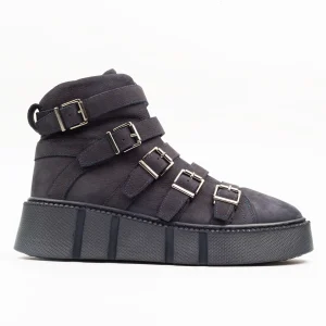 Calvano Men's Navy Leather Boots with multiple silver buckles and side zip closure.
