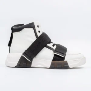 Calvano men's statement boots in white and black leather, featuring distinct black straps and a chunky sole, perfect for an urban luxury style.