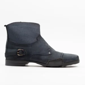 Side view of Calvano navy leather men's boots with buckle detail. South Africa