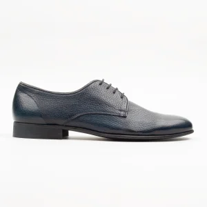 A single Calvano Navy Leather Formal Shoes with a textured pebble-grain finish, showcasing its deep navy colour and elegant lacing against a white background.