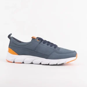 Side view of Calvano Navy & Orange Leather Sneakers with white sole