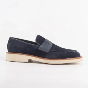 Side profile of a Calvano Navy suede leather loafers with white sole for men.