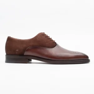 Calvano brogue dress shoes featuring rich brown polished leather and supple suede textures.