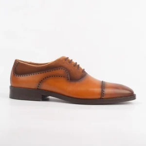 Side profile of Calvano men's tan & brown suede leather oxford shoes featuring brogue detailing