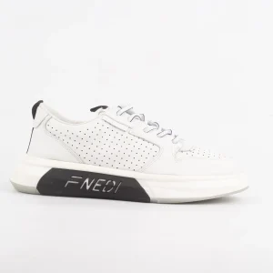 Side view of Calvano White Leather Sneakers with black FNED branding on the sole.