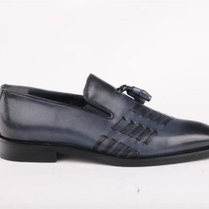 Navy Blue Leather Cut Design Tassel Loafer for Men. (V2-104)
