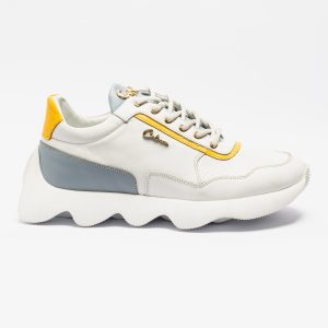 Premium white sneaker with yellow core and white wave design sole for modern everyday style.(E19247)