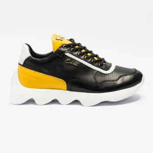 Calvano Leather Sneakers in black and yellow with a chunky white wavy sole and gold branding