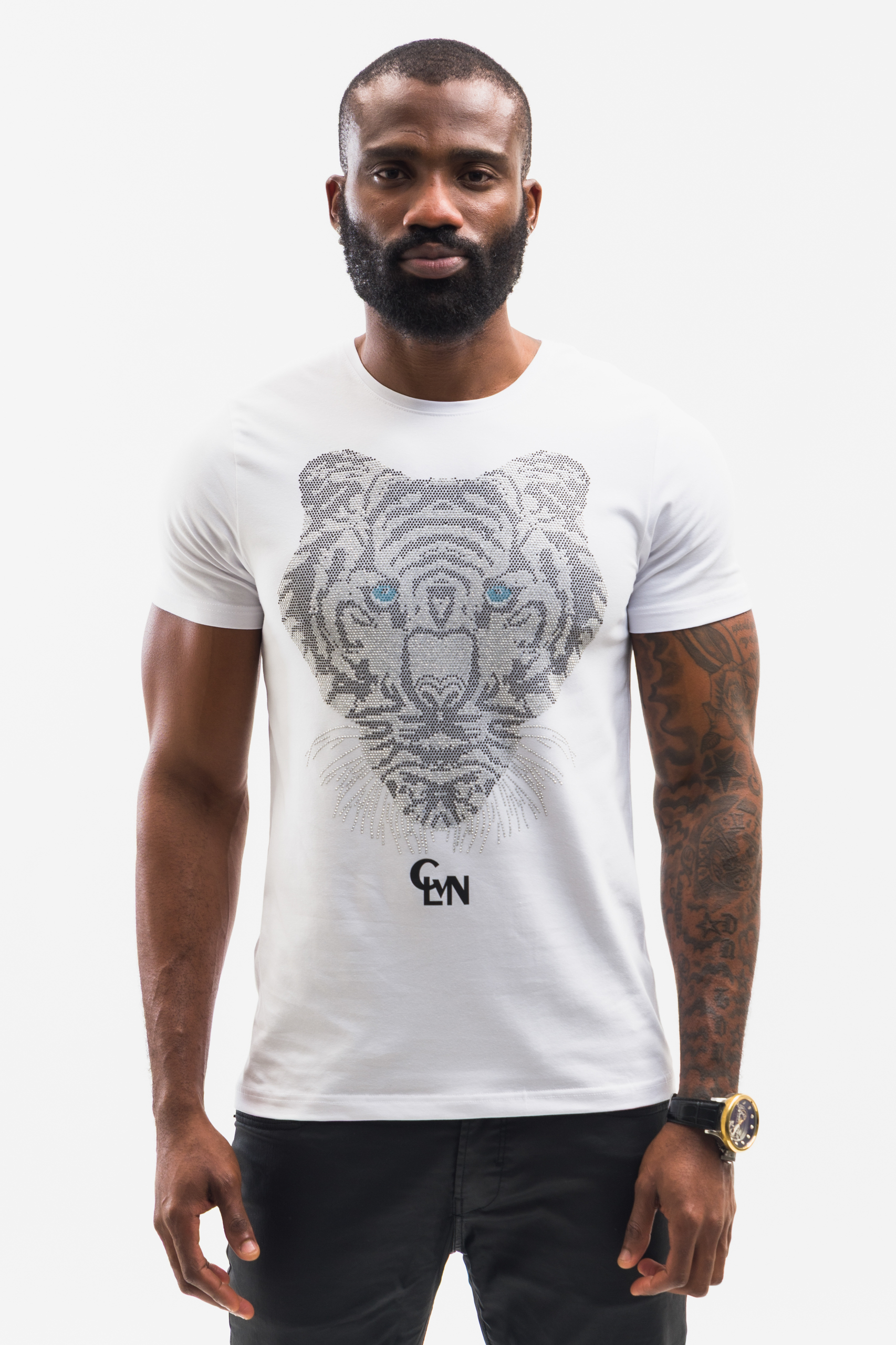 Men’s White Rhinestone Tiger Graphic T-Shirt | Calvano Blue-Eye Tiger Designer Tee