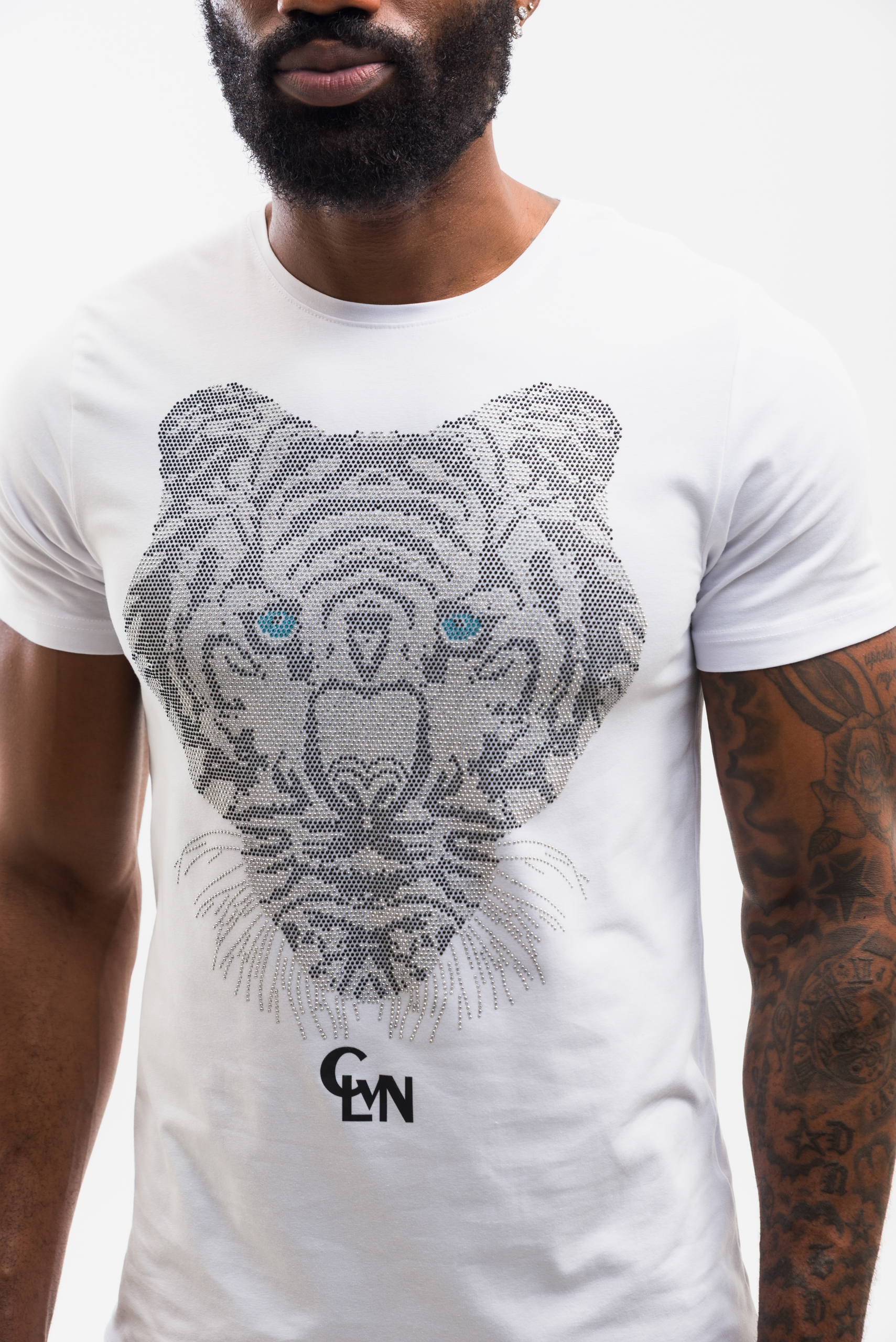 Men’s White Rhinestone Tiger Graphic T-Shirt | Calvano Blue-Eye Tiger Designer Tee - Image 5