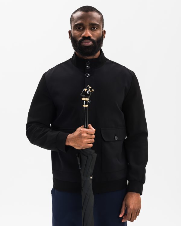 Men's Black Stand Collar Button-Front Jacket | Premium Structured