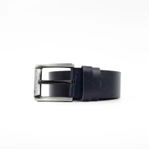 Close-up of a Calvano navy leather belt showing the textured grain and engraved buckle