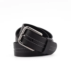Calvano black leather casual belt with grey stitching and metallic buckle
