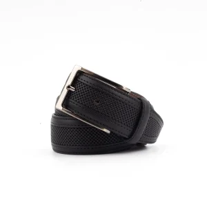 Calvano textured Black Leather Formal Belt For Men with silver buckle, coiled elegantly on a white background, showcasing its unique pattern.