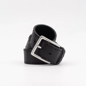 Close-up of a Calvano black hand-stitched leather belt with a silver buckle