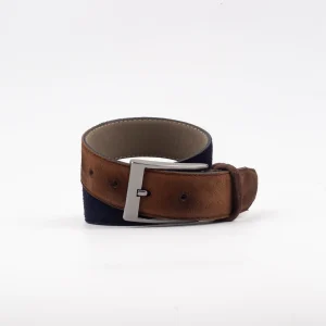 Calvano Navy and Light Brown Suede Belt with Brushed Metal Buckle