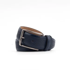 Calvano Navy Leather Belt with distinctive texture and brushed metal buckle