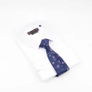 A rolled Calvano navy blue necktie with purple floral jacquard pattern