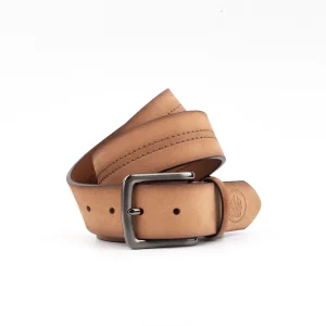 Calvano tan leather men's belt with gunmetal buckle and decorative stitching